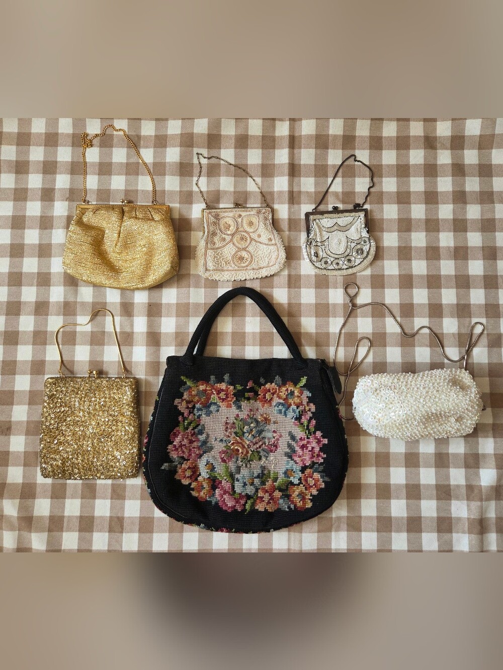 Vintage lot of six evening handbags featuring beaded, metallic, floral petit poi